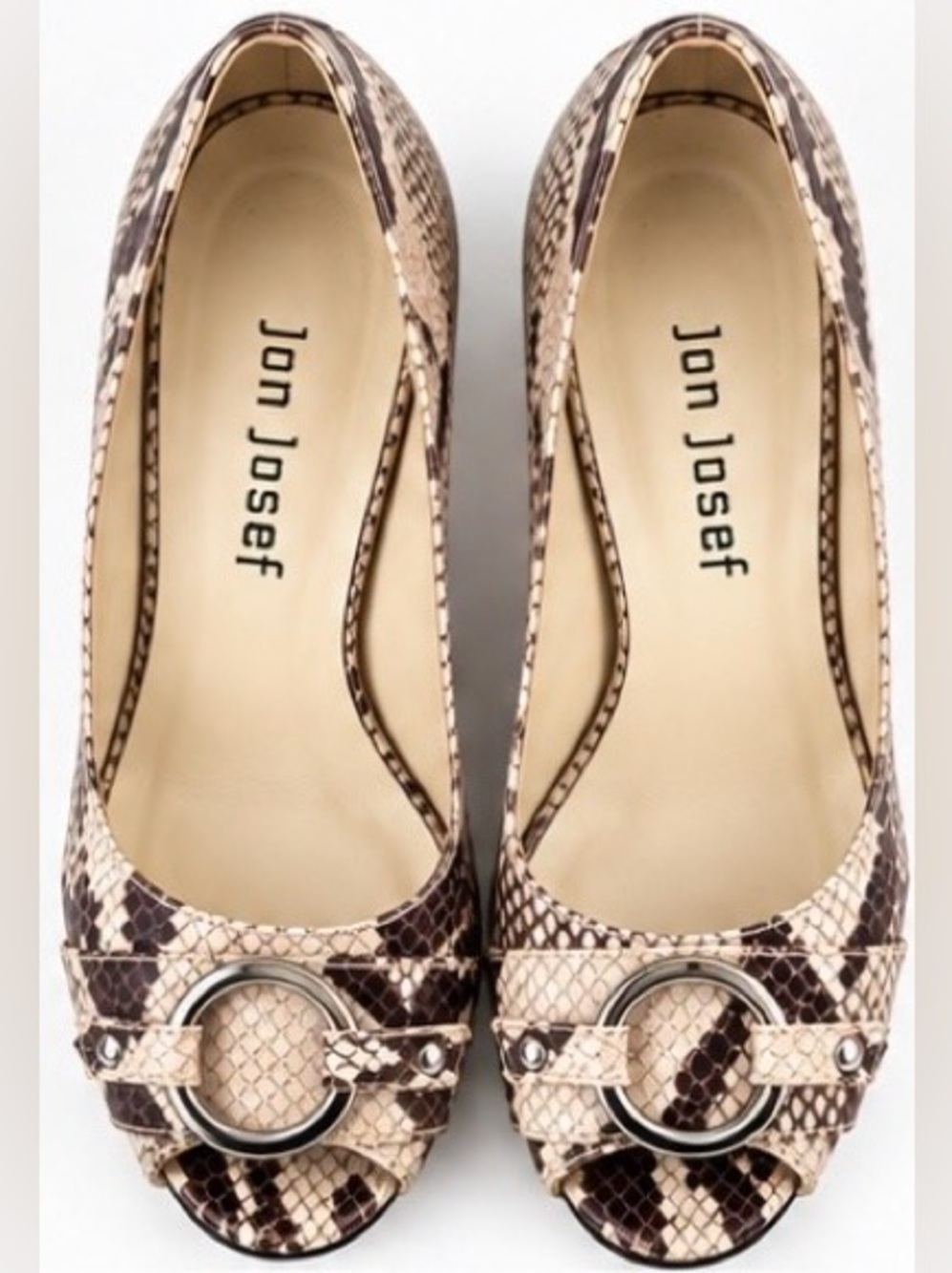 [Jon Josef] Snakeskin Leather Peep Toe Pumps Silver Ring Heels 7.5B Spain